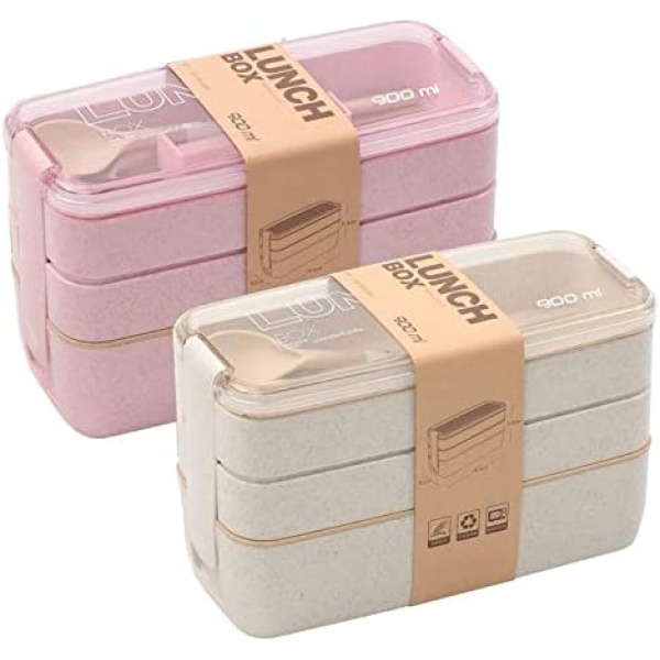 Rarapop 2 Pack Stackable Bento Box Japanese Lunch Box Kit with Spoon & Fork, 3-in-1 Compartment Wheat Straw Meal Prep Containers with Divider for Kids & Adults(Pink & Beige)