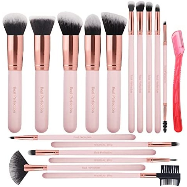 Real Perfection Makeup Brushes 16pcs Makeup Brushes Set with 1 Eyebrow Razor Premium Synthetic Foundation Brushes Blending Face Powder Eye Shadow Concealer Make Up Brushes Tool Kit