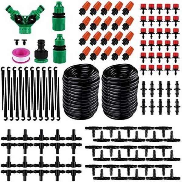 SANMONK Drip Irrigation Kit, 100 Feet 149 PCS DIY Irrigation Pipe Automatic Irrigation Spray Perfect Irrigation System Equipment Garden Watering Kit Suitable for Flower Beds Patios Greenhouse Plants