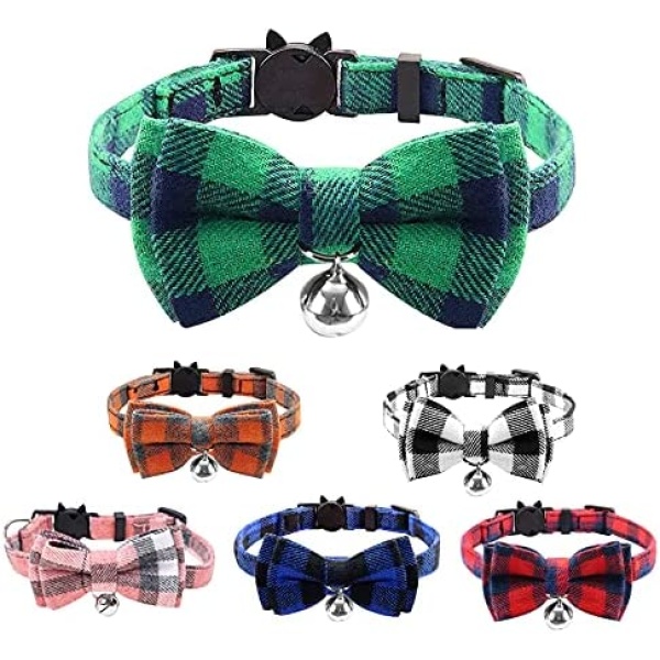 SIVEIS 6 Pack Plaid Cat Collar Breakway with Bell and Bowtie - Cute Safety Buckle Tartan Bow tie Cat Collar, Adjustable Soft Pet Collars for Pet Kitten Cats Puppy