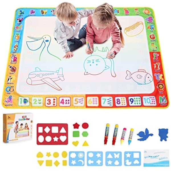 SainSmart Jr. Water Doodle Mat 43x32 Inches with Extra Drawing Book, Large Aqua Magic Mat for Toddler, 2 in 1 Educational Coloring Painting Writing Pad, No Mess Toys for 3 4 5 6 7 8 Years Kids