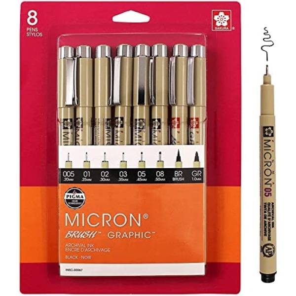 Sakura Pigma Micron Fineliner Pens - Archival Black Ink Pens - Pens for Writing, Drawing, or Journaling - Assorted Point Sizes - 8 Pack