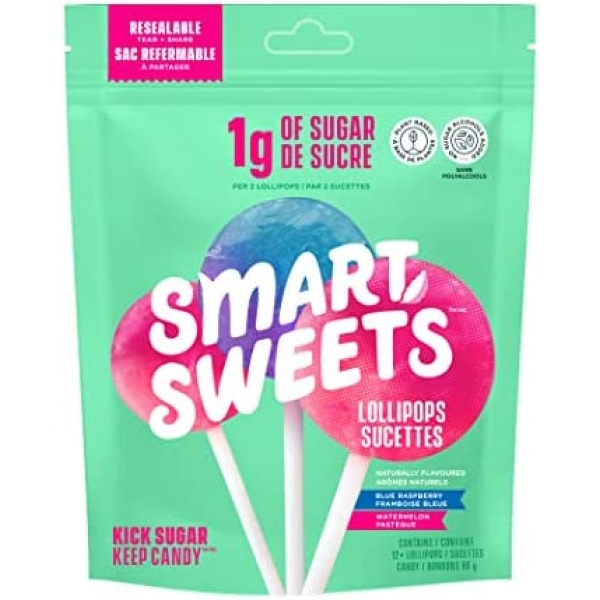 SmartSweets Lollipops, Blue Raspberry & Watermelon, Low Sugar Candy, Plant-Based, Low Calorie Snack, 3oz.