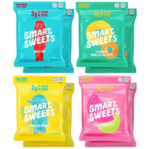 SmartSweets Variety Pack, Low Sugar & Calorie Candy - Sweet Fish, Sourmelon Bites, Peach Rings, Sour Blast Buddies, 1.8oz (Pack of 8)