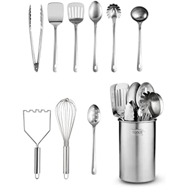 Stainless Steel Kitchen Utensil Set - 10 Piece Premium Non-Stick & Heat Resistant Kitchen Gadgets, Turner, Spaghetti Server, Ladle, Serving Spoons, Whisk, Tungs, Potato Masher and Utensil Holder