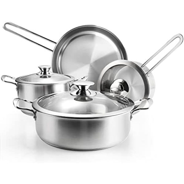 Stainless Steel Pots and Pans Set, 7-Piece Kitchen Cookware Sets with Glass Lids, Stay-Cool Handle, Oven Safe, Works with Induction/ Electric and Gas Cooktops, Dishwasher