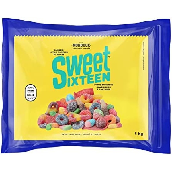 Sweet Sixteen SWEET & SOUR Candy, Assorted Flavorful Chewy Gummy Candies, Peanut and Nut-Free Mixed Gummies - 1 kg