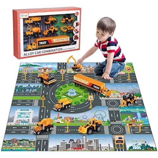 TEMI Diecast Engineering Construction Vehicle Toy Set w/ Play Mat,Truck Carrier,Forklift,Bulldozer,Excavator,Mixer,Dump Truck, Alloy Metal Car Toys Set for 3 4 5 6 Years Old Toddlers Kids Boys & Girls