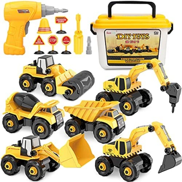 Take Apart Truck Car Toys with Electric Drill - DIY Construction Vehicles Excavator Toy Set with Storage Box Building STEM Toy Gifts for Kids Boys Girls Age 3 4 5