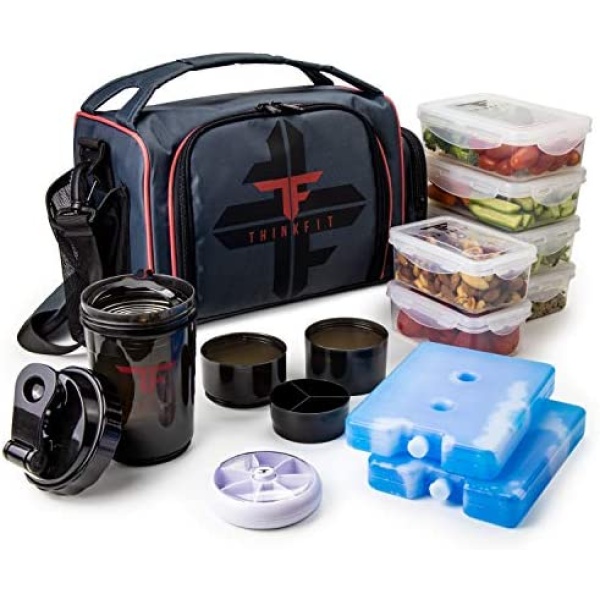 ThinkFit Insulated Meal Prep Lunch Box with 6 Food Portion Control Containers - BPA-Free, Reusable, Microwavable, Freezer Safe - with Shaker Cup, Pill Organizer, Shoulder Strap & Storage Pocket (Red)