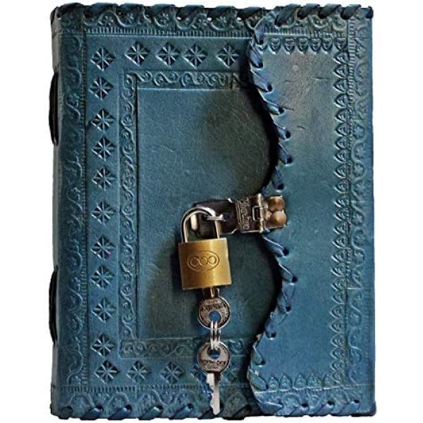 Tuzech Leather Journal Large Writing Notebook - Handmade Leather Bound Vintage Journal For Women and Men with Lock And Key Gift For Art Sketchbook, Travel Diary And Notebooks To Write In 7 by 5 Inches (Ocean Blue)