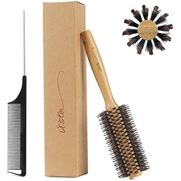 Vista Boar Bristle Round Brush with Bamboo Handle, Styling Hair Brush for Blow Drying, Detangling Hair Brush with Tail Comb for Women Men and Kids