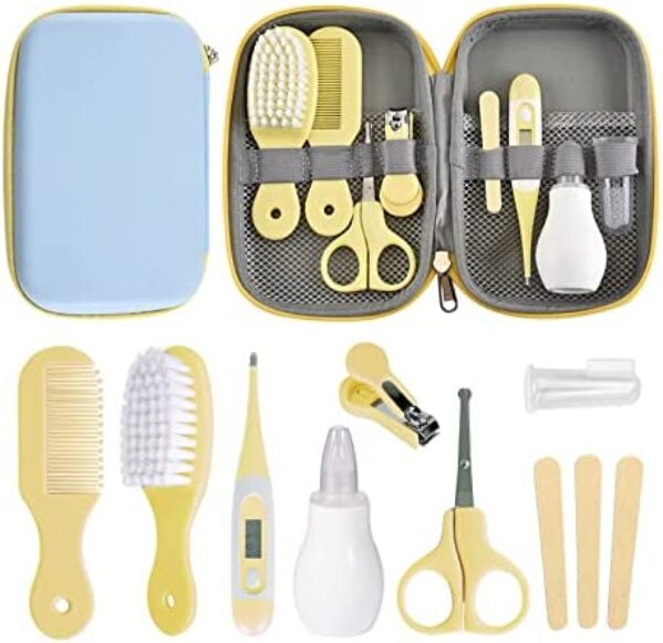 VolksRose 8 in 1 Baby Grooming Kit, Baby Safety Care Kit with Baby Brush Comb Nail Clipper Finger Toothbrush Scissors etc, Nursery Health Care Set for Newborns Infant, Yellow