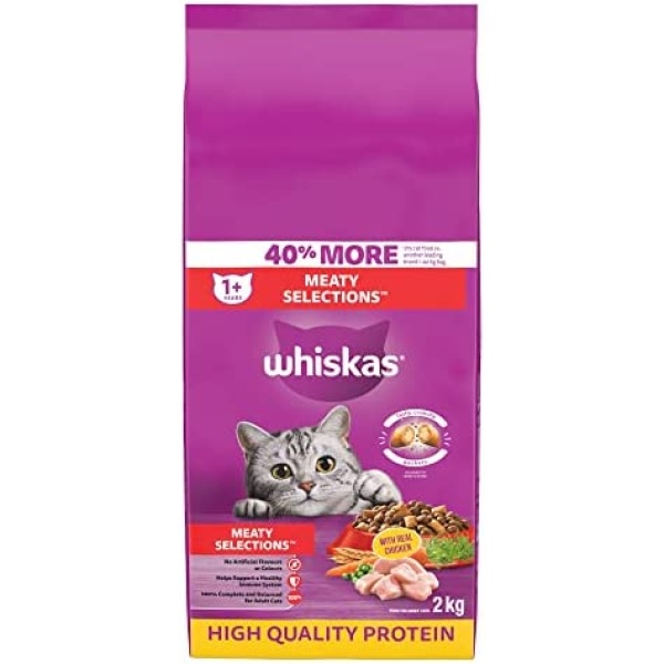 WHISKAS Meaty Selections Dry Cat Food With Real Chicken, 2kg bag