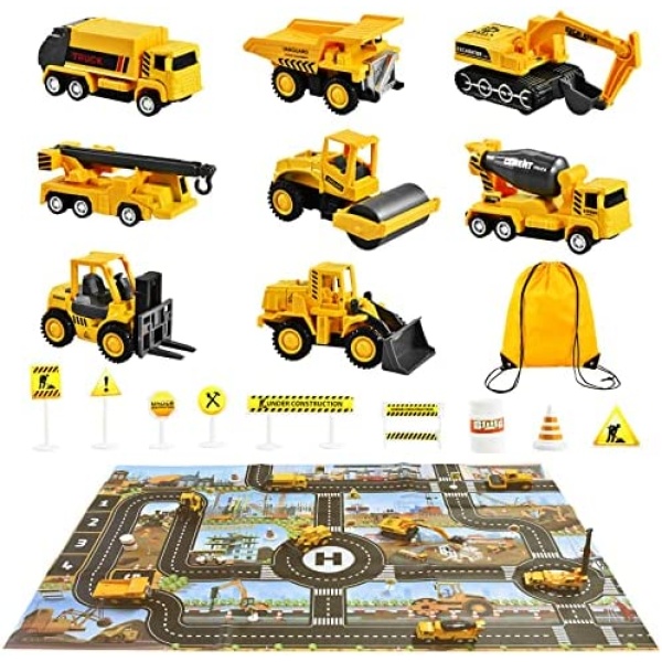 WTOR Boys Girls Construction Vehicles Truck Toys Set with Play Mat - 8 Mini Engineer Pull Back Cars, Playmat & 12 Road Signs, Toy Car Set Christmas Birthday Gift for Boys Girls Toddlers