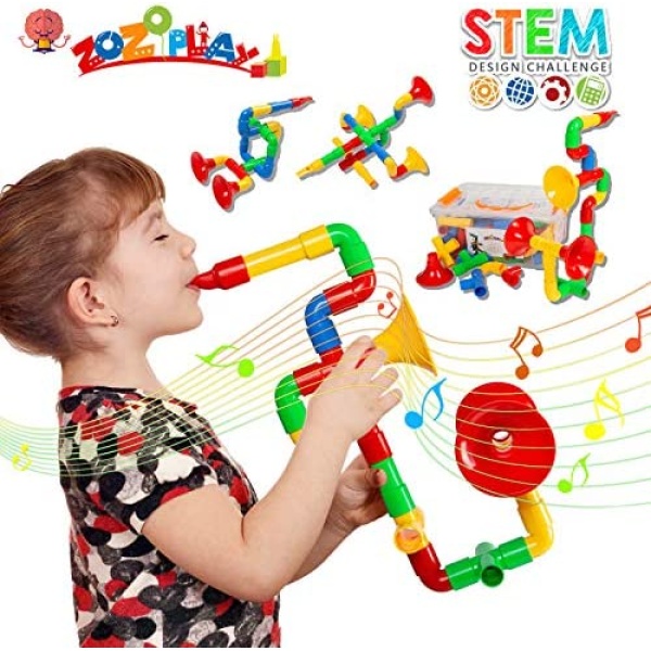 ZoZoplay STEM Learning Toy Tubular Pipes & Spouts & Joints 64 Piece Build Bicycle, Tank, Scootie, Moter Skills Endless Designs Educational Building Blocks Set for Kids Ages 3+, Multicolor