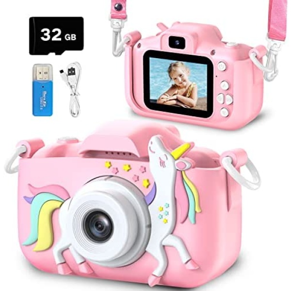 goopow Kids Camera Toys for 3-8 Years Old Boys and Girl, Kids Digital Video Camera for Children with Shockproof Soft Cover, Best Christmas Birthday Gifts for Boys Girls - 32GB SD Card Included