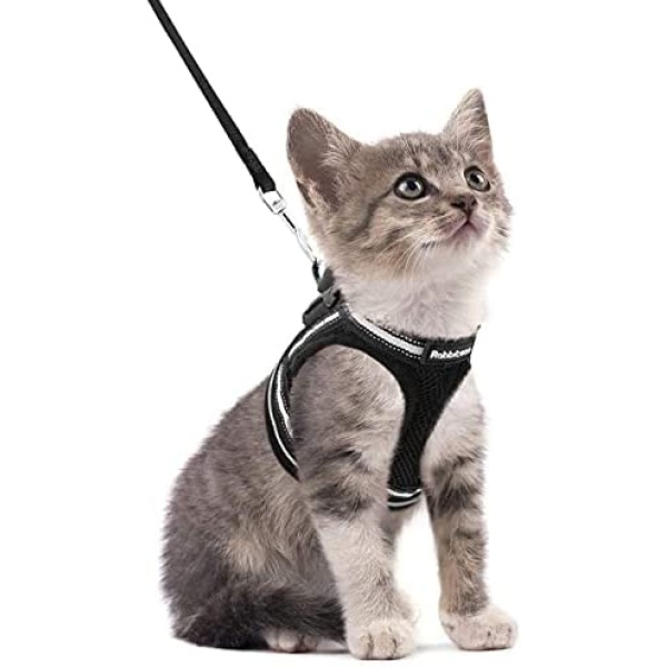 rabbitgoo Cat Harness and Leash Set for Walking Escape Proof, Adjustable Soft Kittens Vest with Reflective Strip for Cats, Comfortable Outdoor Vest, Black, S (Chest:9.0 -11.0 )