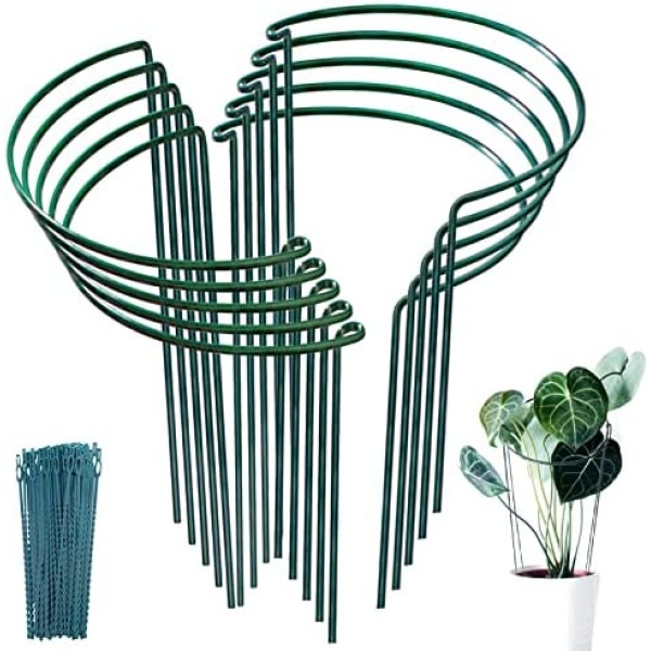 10 Pack Garden Plant Supports Stakes Metal 10"Wx16"H Interlock Round Garden Plant Support for Peony Rose Flowers Vine Tomato with 20pack Plant Ties