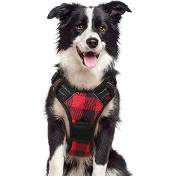 rabbitgoo Dog Harness No Pull, Adjustable Dog Walking Chest Harness with 2 Leash Clips, Comfort Padded Dog Vest Harness with Handle, Reflective Front Body Harness for Large Medium Small Dogs, Plaid