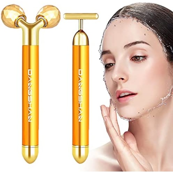 2-IN-1 Electric Face Massager 24k Golden Facial Massager, 3D Roller and T Shape Facial Roller Massager Kit Arm Eye Nose Massager Skin Care Tools