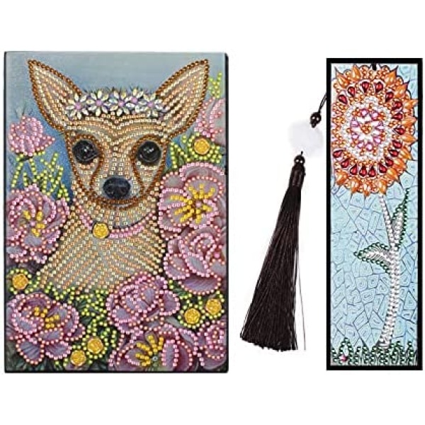 2Packs Notebook and Bookmark Diamond Painting Kits Dog Chihuahua and Flower Cover Leather 5D Special Shaped Journal Crystal Cross Stitch Diamond Art Hardcover Dairy Gift for Adults Student 21x15cm