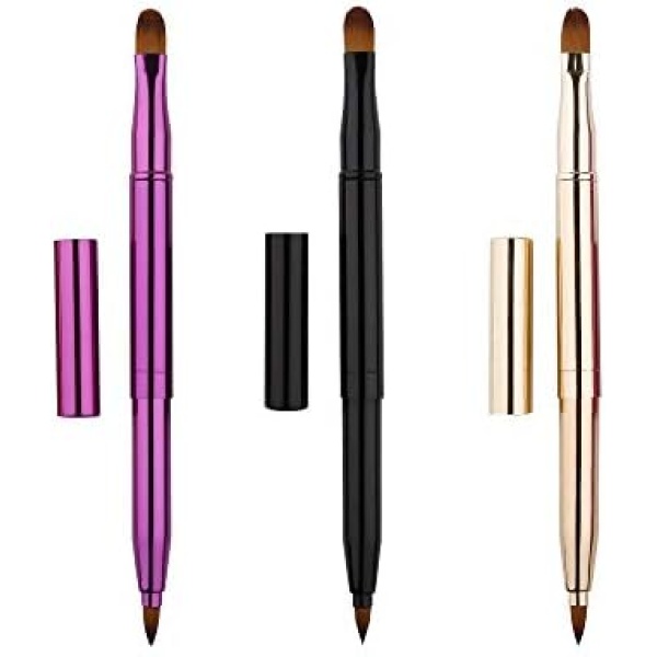 3 Pieces Retractable Lip Brush, Dual End Lip Concealer Brushes Lipstick Eyeshadow Foundation Makeup Brush Tool Applicators Set with Cap (Gold, Black, Purple）