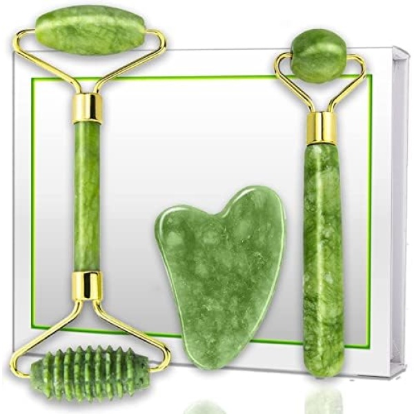 (3 pcs) Jade Roller & Gua Sha Facial Tool - Facial Roller Massage set, Guasha Roller Skin Care Tools, Green Quartz Massager for Face, Eyes, Neck, Body Muscle Relaxing and Relieve Fine Lines and Wrinkles