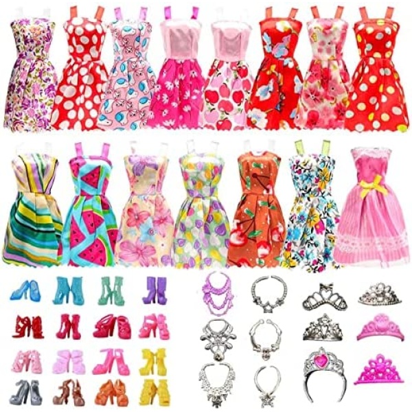 32 PCS Doll Accessories, 10x Mix Cute Dresses, 10x Shoes, 6X Crowns, 6X Necklaces,Dress Clothes Accessories for Barbie Doll