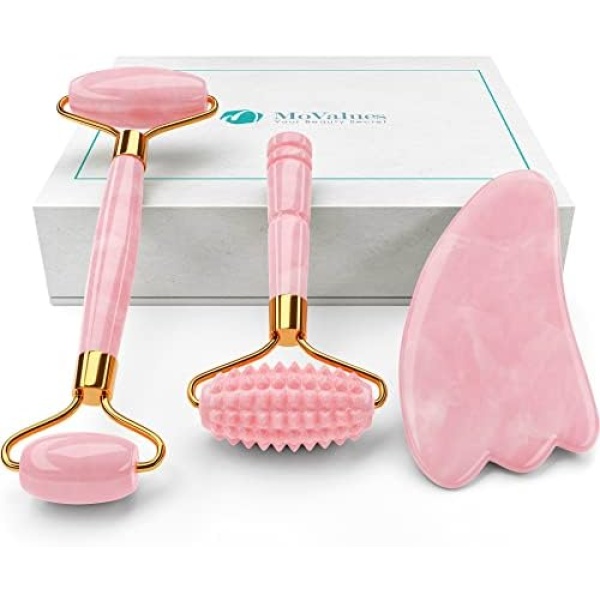 4-in-1 Pink Jade Roller and Gua Sha Set. Rose Quartz Roller with Eye Massager, Jade Gua Sha, Ridged Roller Massager. Jade Roller For Face Real Jade 100% Jade Stone Roller. Warm Facial Massager or Ice Roller