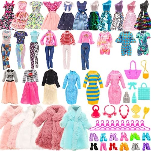 45 Items for Doll 1 Coat 1 Sweater 5 Tops and Pants Outfits 7 Dresses 10 Shoes and 21 Other Accessories for 11.5 Inch Dolls