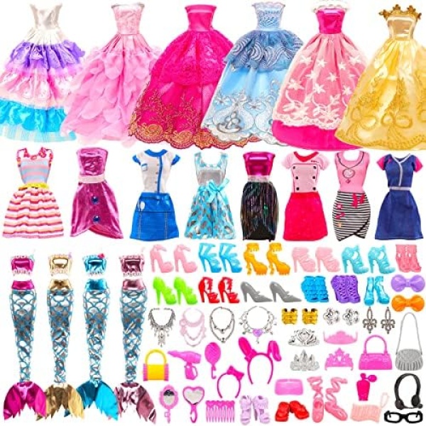 62 Pcs Doll Clothes & Accessories 4 Party Dresses 4 Dress 4 Mermaid Swimsuit 10 Shoes 40 Accessories for 11.5" Doll