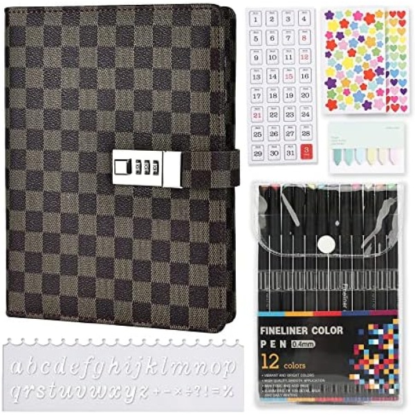 A5 Journal Notebook with Lock, Bullet Dotted Hardcover Locked Diary with Pen Stencils Stickers Accessories for Organizers Calendars Planner, 6 Rings Binder Refilled Paper for Writing Drawing (Coffee)