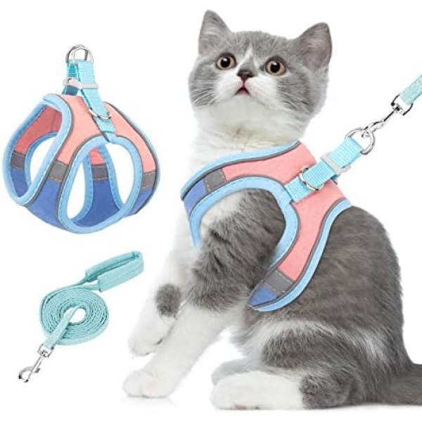 AUTOWT Cat Harness Leash Set, Stylish Adjustable Breathable Escape Proof Cat Vest Harness, Color Splicing Cute Night Safe Pet Harness with Reflective Strap for Kitten, Puppy (Large, Blue)