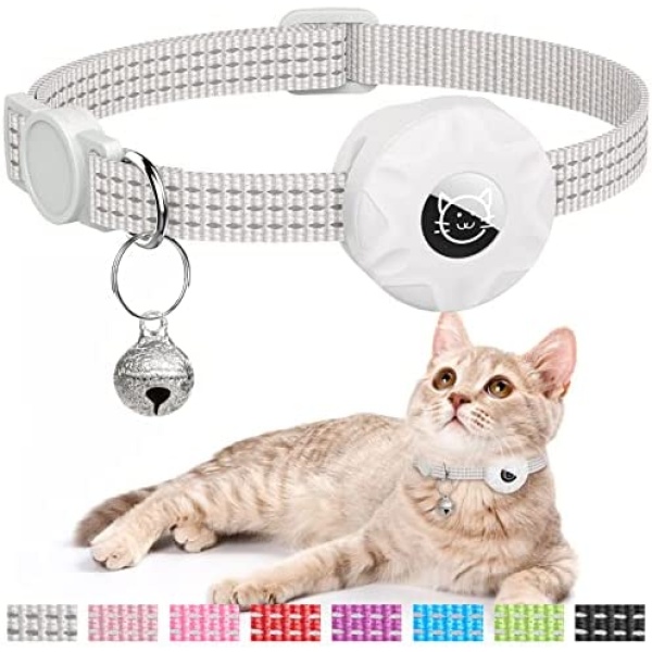 AirTag Cat Collar, Reflective Kitten Collar Breakaway Apple Air Tag Cat Collar, GPS Cat Collar with AirTag Holder and Bell, Lightweight Tracker Cat Collars for Girl Boy Cats, Kittens and Puppies (White)