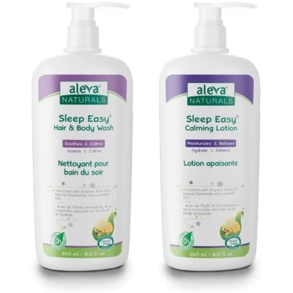 Aleva Naturals Soothing Baby Care Set for bedtime bath, Sleep Easy Hair & Body Wash, 240ml & Sleep Easy Calming Lotion, 240ml, Clear