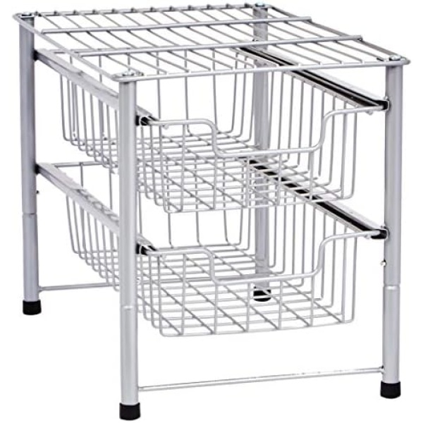 Amazon Basics 2-Tier Sliding Drawers Basket Storage Organizer, Silver