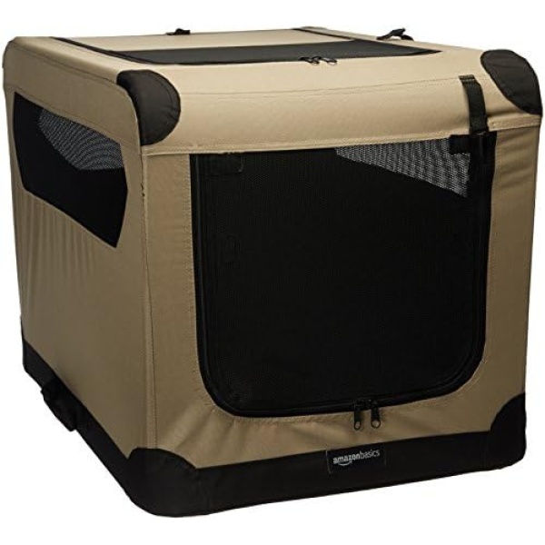 Amazon Basics Portable Folding Soft Dog Travel Crate Kennel - 21 x 21 x 30 Inches, Tan