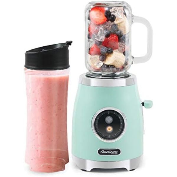 Americana EPB399M by Elite Glass Mason Jar Blender with 17oz Jar + 20oz. Sports Bottle, Blend Personal Smoothie, CrCah Ice, Shakes, Keto Protein, 300 Watts, Mint