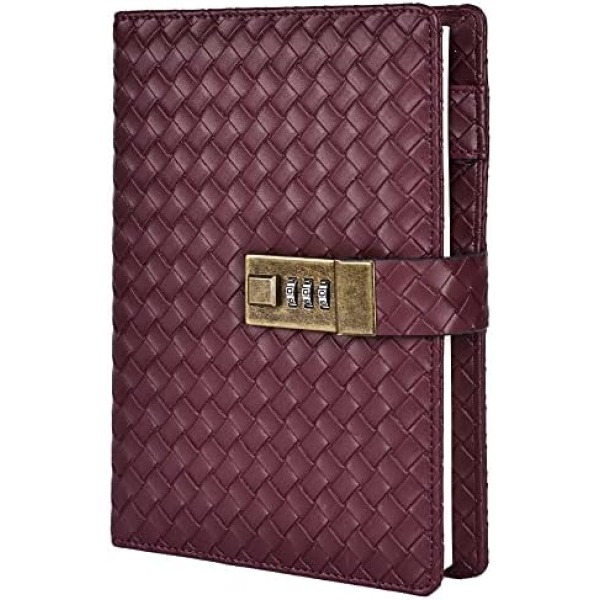 B6 Leather Journal Notebook with Combination Lock, Travel Refillable Ruled Lined Writing Paper, Secret Password Gift Diary for Women Girls Boys (Wine)