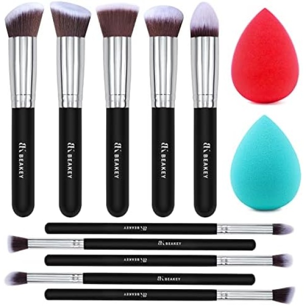 BEAKEY Makeup Brush Set Premium Synthetic Foundation Face Powder Blush Eyeshadow Kabuki Brush Kit, Professional Makeup Brushes with 2pcs Makeup Sponge