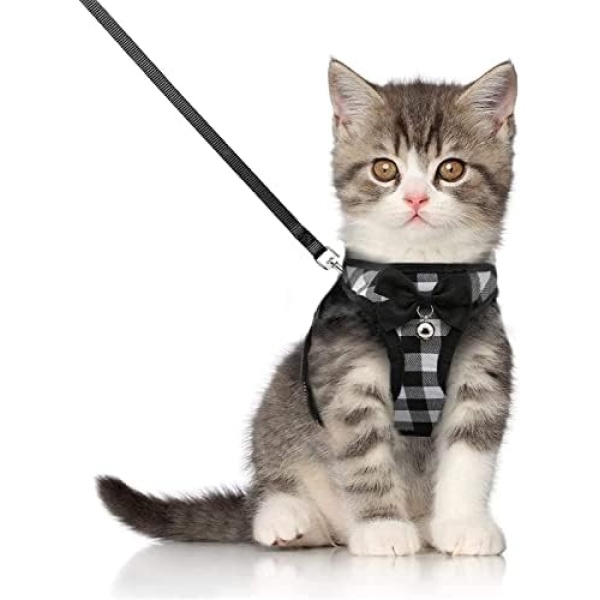 BLUWTE Cat Walking Harness Jacket,Breathable Soft Kittens Vest for Cats Dogs , Escape Proof with Bell and Bow-Knot Decoration Christmas (XXS, Black-White)