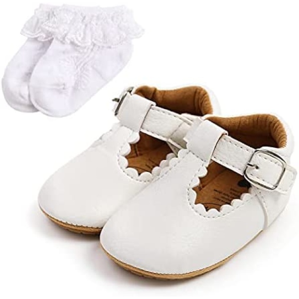 Baby Girls Princess Shoes Baby First Walking Shoes Soft Sole Toddler Mary Jane Shoes Infant PU Leather Prewalkers for 0-18 Months with Sock