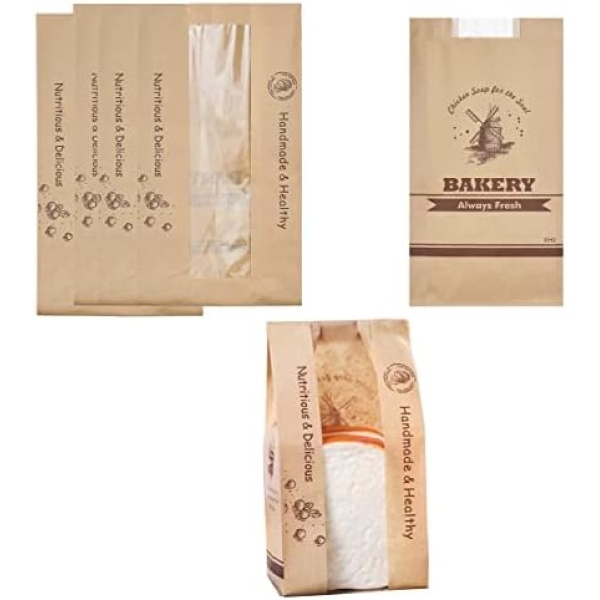 Bakery Bags with Window 50 PCS Bread Bags Large Kraft Paper Loaf Packaging Bread Storage Bags For Homemade Bread Cookie Treat Packaging Bags with 50 PCS Seal Stickers (12x4.7x 3.5 Inch, Kraft BAKERY)