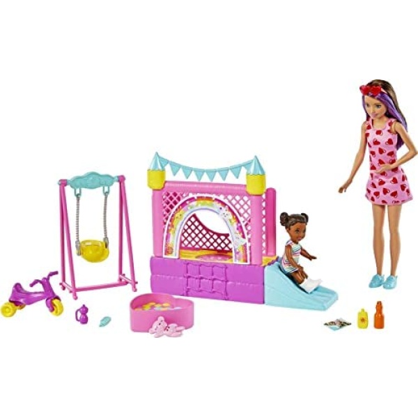 Barbie Skipper Babysitters, Inc. Bounce House Playset with Skipper Babysitter Doll, Toddler Doll, Swing & Accessories, Toy for 3 Year Olds & Up