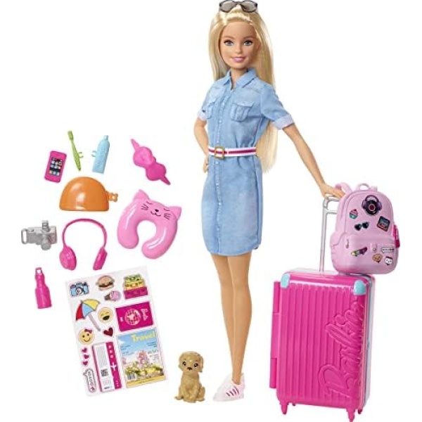 Barbie Travel Doll, Blonde, with Puppy, Opening Suitcase, Stickers and 10+ Accessories, for 3 to 7 Year Olds