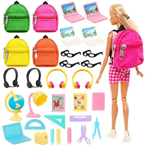 Barwa 31 Pcs Doll Study Supplies for 11.5 Inch Doll 4 Backpacks 4 Laptops 4 Headsets 4 Glasses 15 Learning Accessories