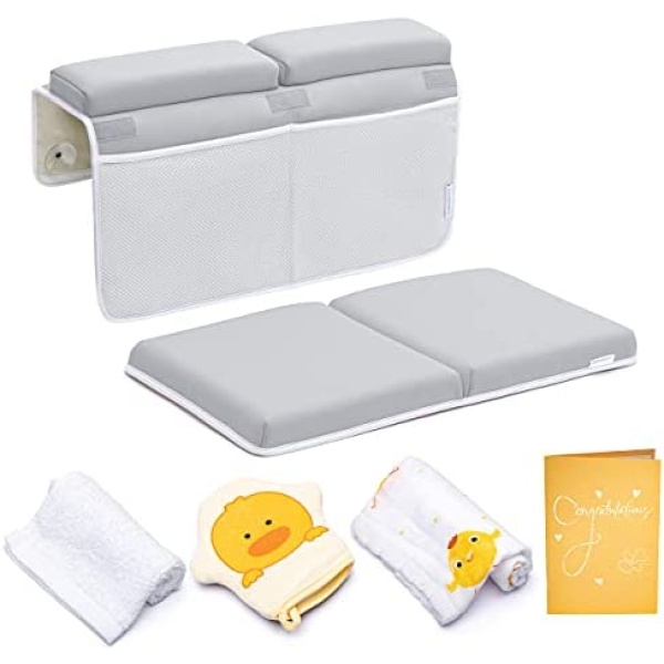 Bath Kneeler and Elbow Rest Pad, 1.75 inch Extra Thick Baby Bath Kneeling Pad and Elbow Pad for Bathtub. Bath Tub Elbow Pad with Infant Toy and Baby Accessories Organizer, Grey