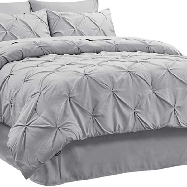 Bedsure Queen Comforter Set - Bed in a Bag Queen 7 Pieces, Pintuck Beddding Sets Grey Bed Set with Comforters, Sheets & Skirt, Pillowcases & Shams