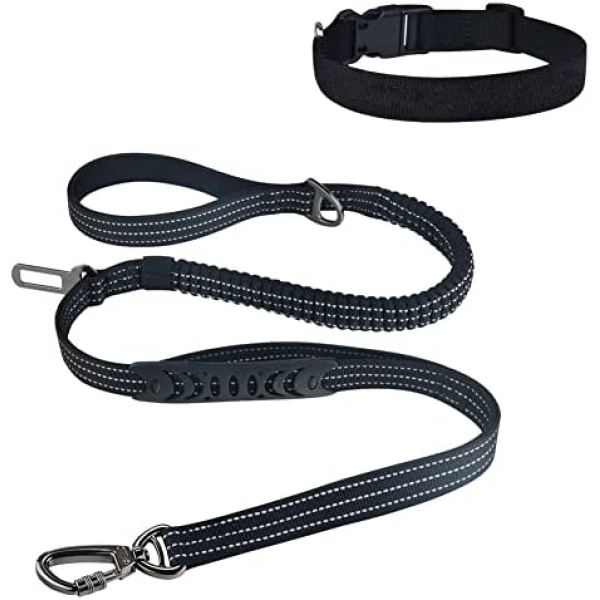 Bungee Dog Leash - 4-6FT Dog Leash Reflective Dog Walking Leash with Car Seat Belt Buckle for Medium and Large Dogs Durable 2 Padded Handles (Black)